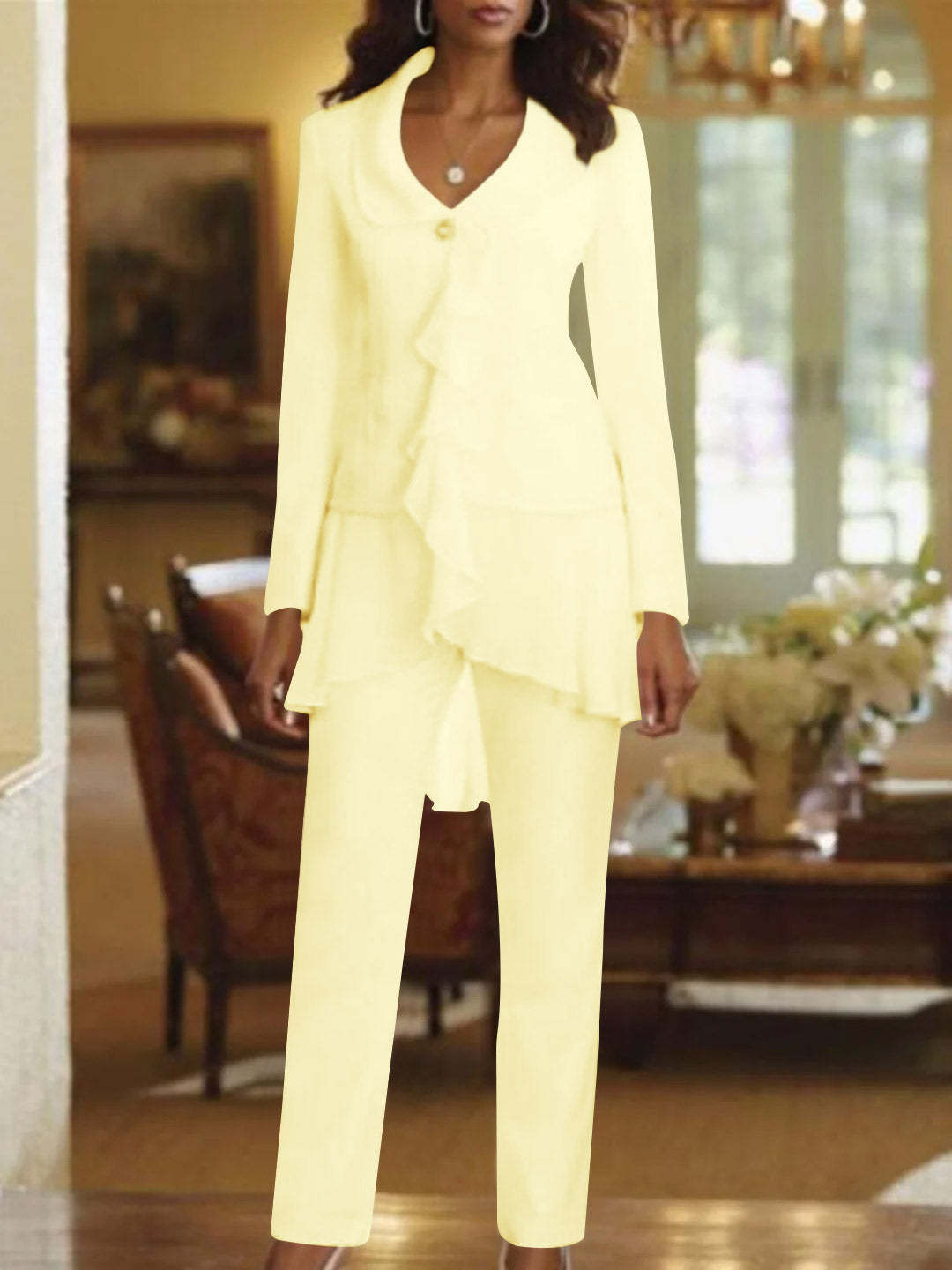 Floor-Length White V-Neck Pantsuit With Long Sleeves and Ruffle for Mother of the Bride