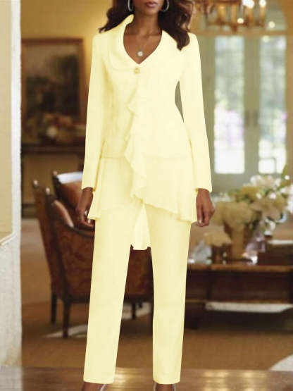 Floor-Length White V-Neck Pantsuit With Long Sleeves and Ruffle for Mother of the Bride