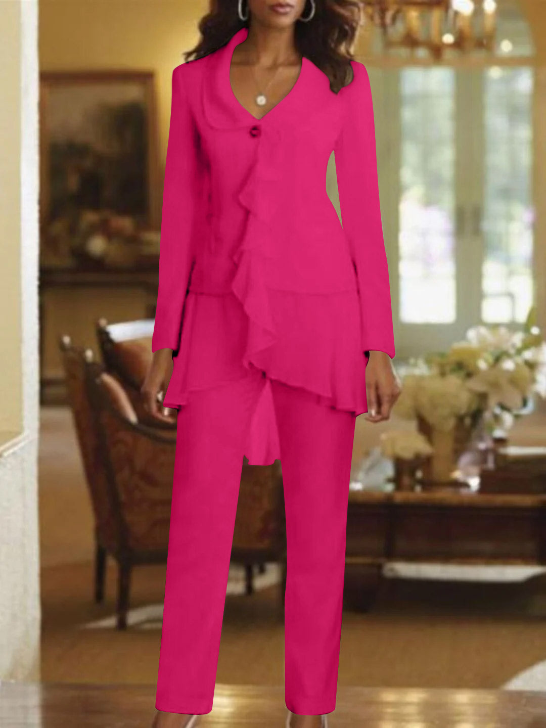 Floor-Length White V-Neck Pantsuit With Long Sleeves and Ruffle for Mother of the Bride