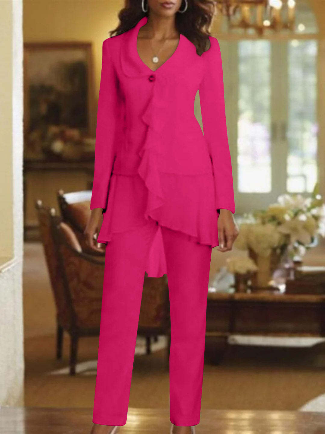 Floor-Length White V-Neck Pantsuit With Long Sleeves and Ruffle for Mother of the Bride