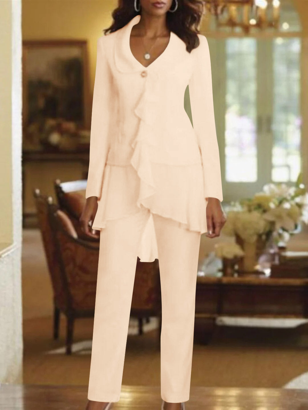 Floor-Length White V-Neck Pantsuit With Long Sleeves and Ruffle for Mother of the Bride