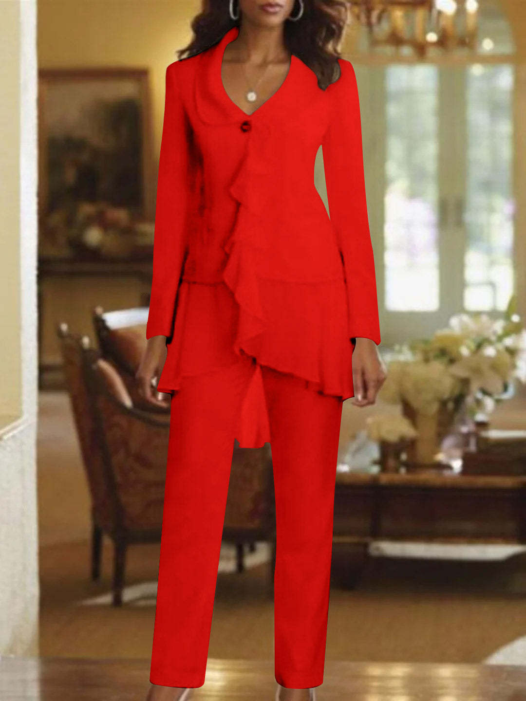 Floor-Length White V-Neck Pantsuit With Long Sleeves and Ruffle for Mother of the Bride