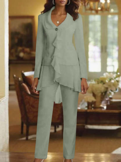Floor-Length White V-Neck Pantsuit With Long Sleeves and Ruffle for Mother of the Bride