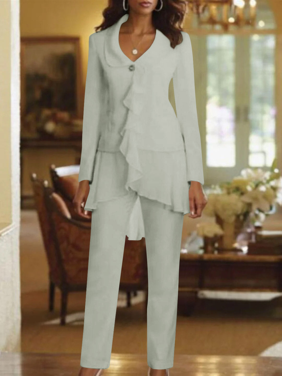 Floor-Length White V-Neck Pantsuit With Long Sleeves and Ruffle for Mother of the Bride