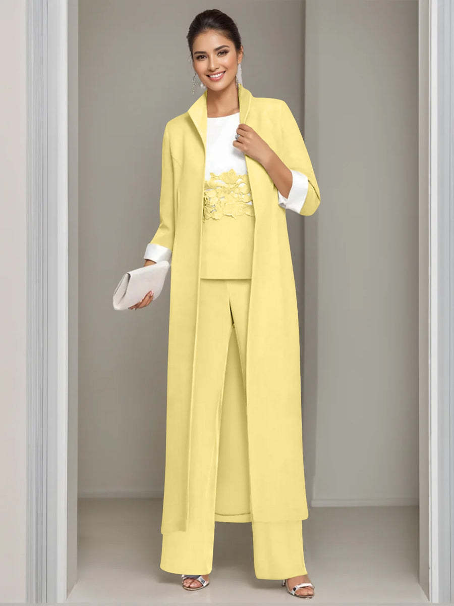 Ankle-Length Mother of the Bride Pantsuits in 3 Pieces Featuring Square Neck Jacket & Lace Appliques-BMbridal
