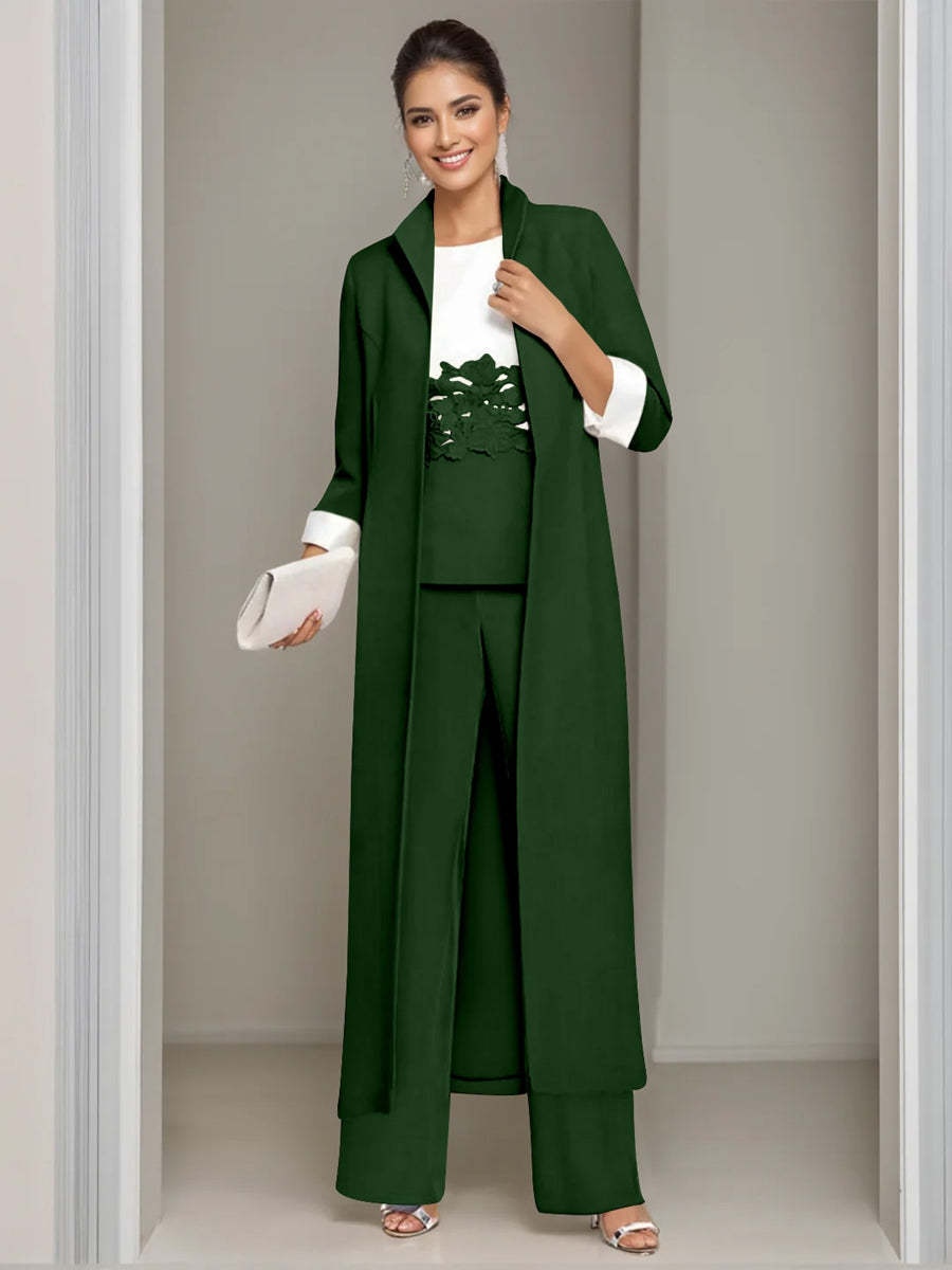 Ankle-Length Mother of the Bride Pantsuits in 3 Pieces Featuring Square Neck Jacket & Lace Appliques-BMbridal