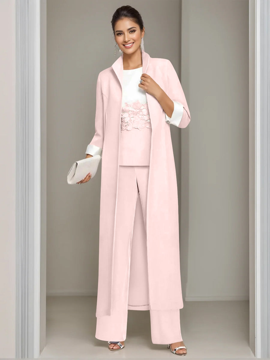 Ankle-Length Mother of the Bride Pantsuits in 3 Pieces Featuring Square Neck Jacket & Lace Appliques-BMbridal