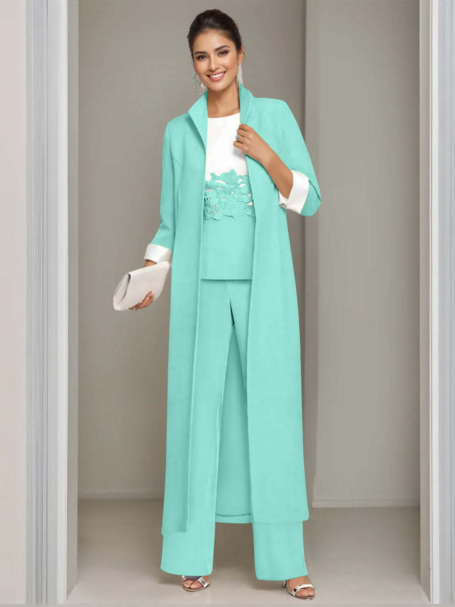 Ankle-Length Mother of the Bride Pantsuits in 3 Pieces Featuring Square Neck Jacket & Lace Appliques-BMbridal