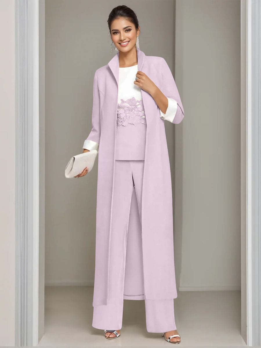 Ankle-Length Mother of the Bride Pantsuits in 3 Pieces Featuring Square Neck Jacket & Lace Appliques-BMbridal