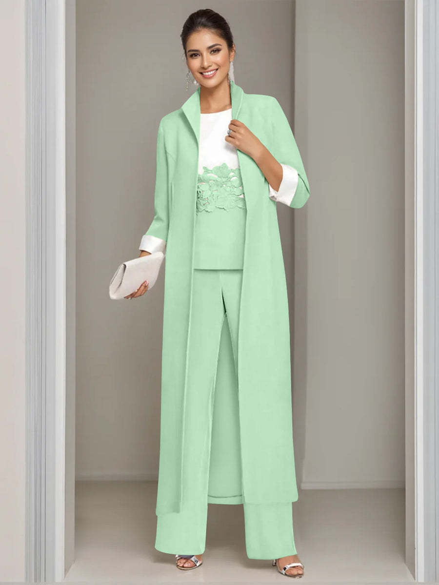 Ankle-Length Mother of the Bride Pantsuits in 3 Pieces Featuring Square Neck Jacket & Lace Appliques-BMbridal