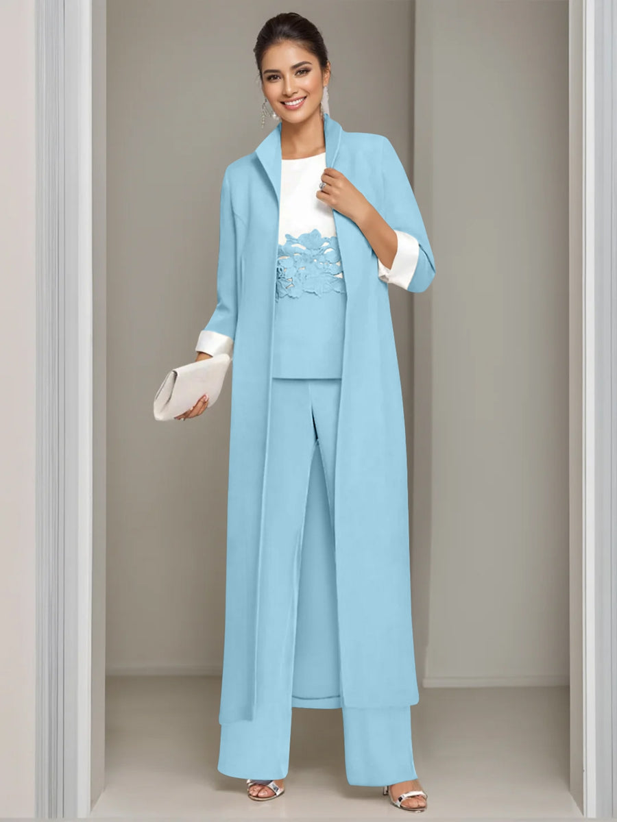 Ankle-Length Mother of the Bride Pantsuits in 3 Pieces Featuring Square Neck Jacket & Lace Appliques-BMbridal