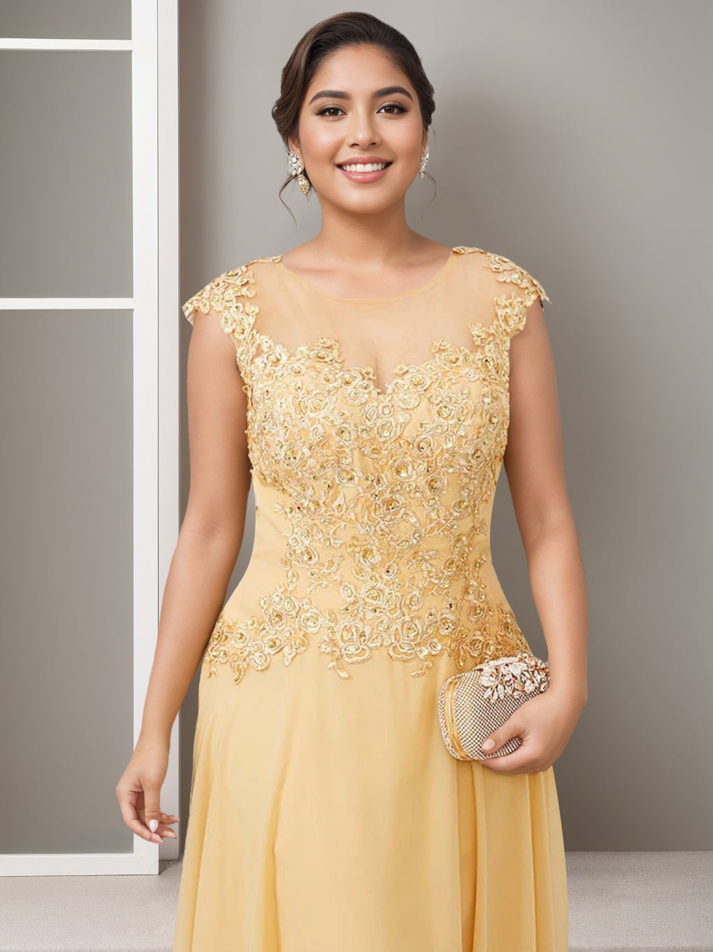 Elegant Plus Size Mother of the Bride A-Line Floor-Length Dress with Jewel Neck and Beading Appliques-BMbridal