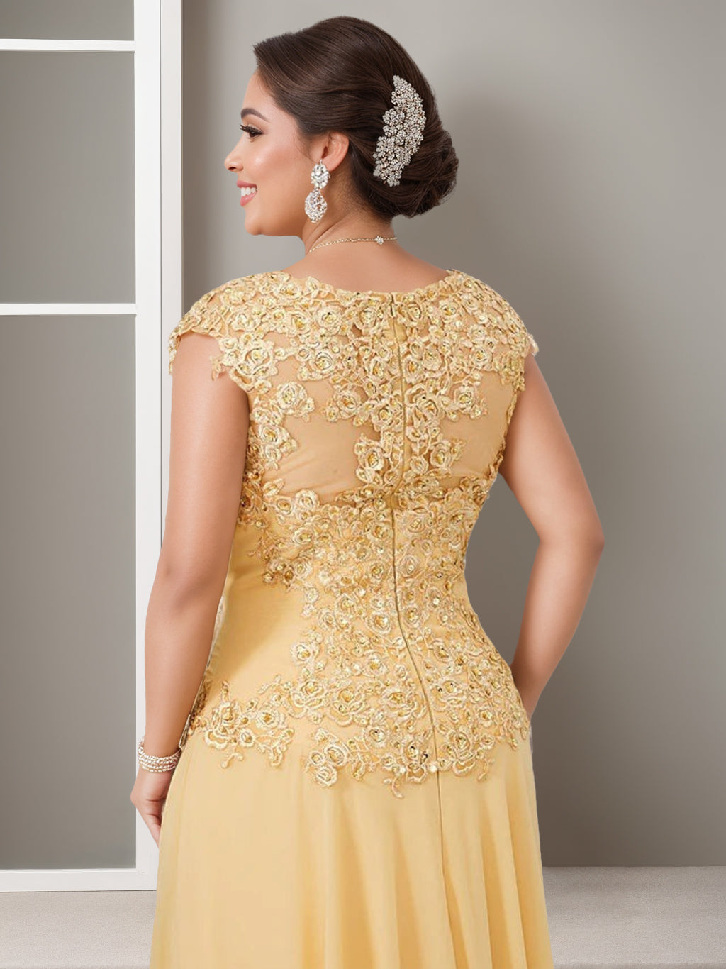 Elegant Plus Size Mother of the Bride A-Line Floor-Length Dress with Jewel Neck and Beading Appliques-BMbridal