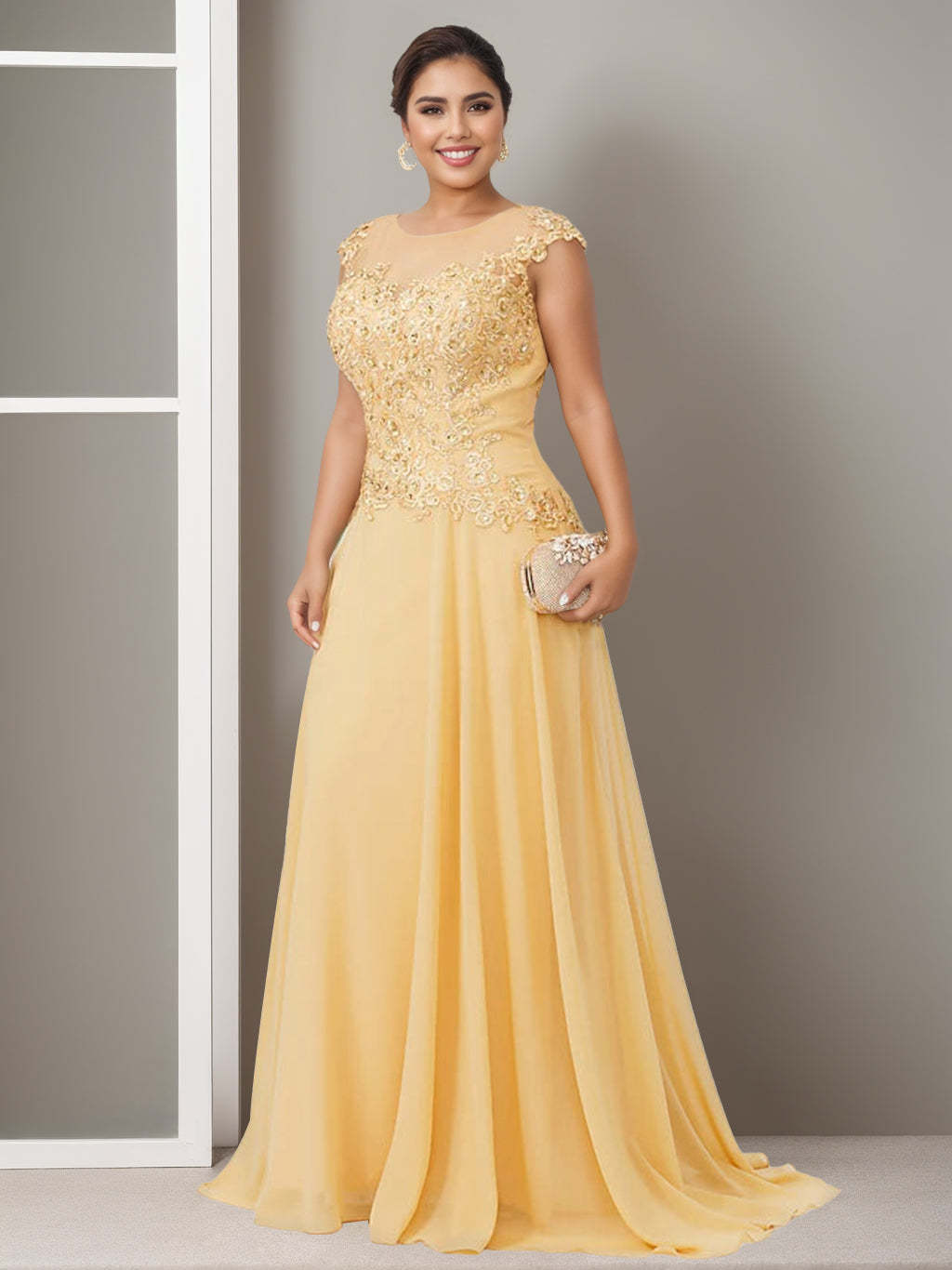 Elegant Plus Size Mother of the Bride A-Line Floor-Length Dress with Jewel Neck and Beading Appliques-BMbridal