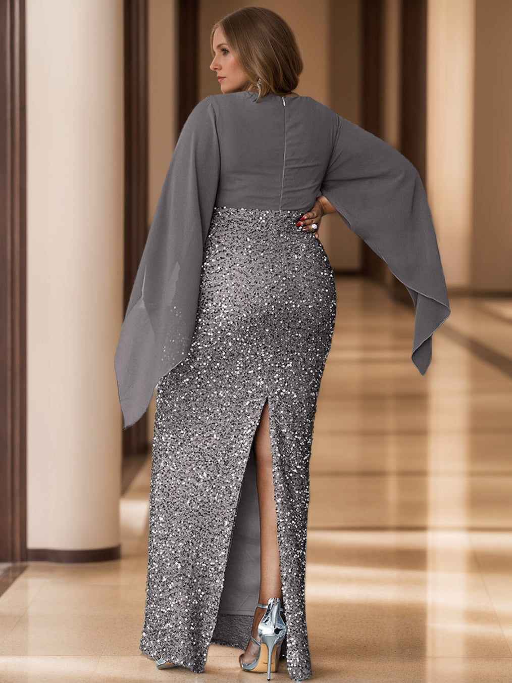 Unique Plus Size V-Neck Floor-Length Mother of the Bride Dress with Flare Sleeves and Sequined Sheath/Column Design-BMbridal