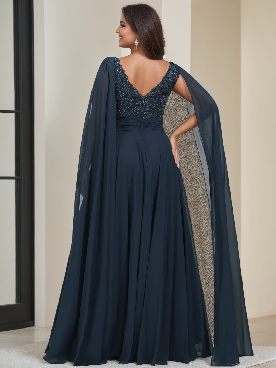 Plus Size Sleeveless V-Neck A-Line Princess Mother of the Bride Dress with Floor-Length Sequins & Watteau Train-BMbridal