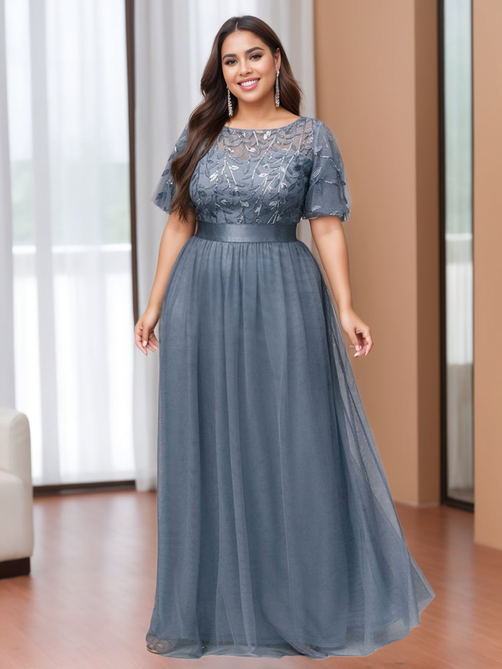 Plus Size Floor-Length Mother of the Bride A-Line Dress with Scoop Neck and Half Sleeves Featuring Appliques-BMbridal