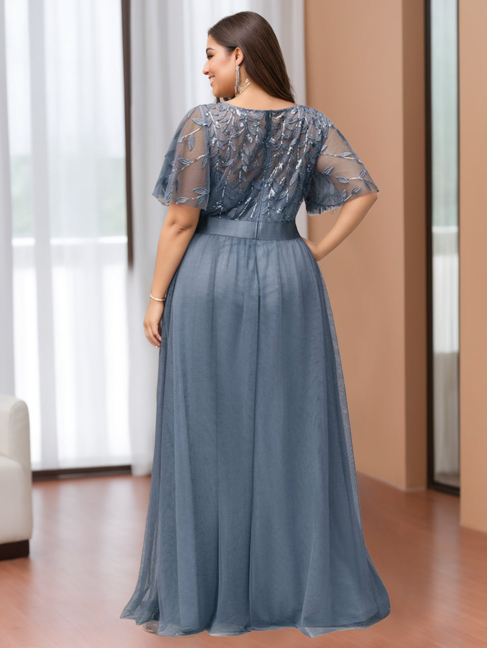 Plus Size Floor-Length Mother of the Bride A-Line Dress with Scoop Neck and Half Sleeves Featuring Appliques-BMbridal