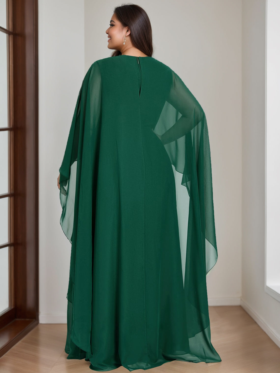 Plus Size Floor-Length Mother of the Bride A-Line Dress with Scoop Neck and Half Sleeves-BMbridal