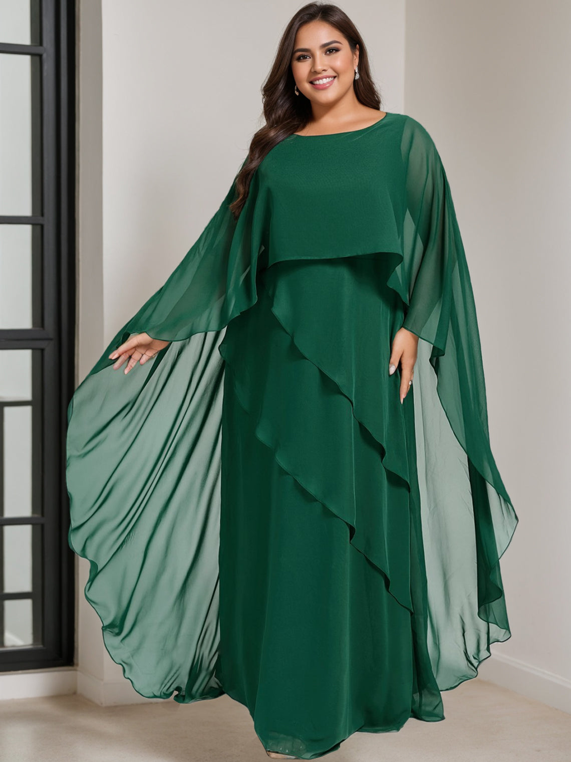 Plus Size Floor-Length Mother of the Bride A-Line Dress with Scoop Neck and Half Sleeves-BMbridal