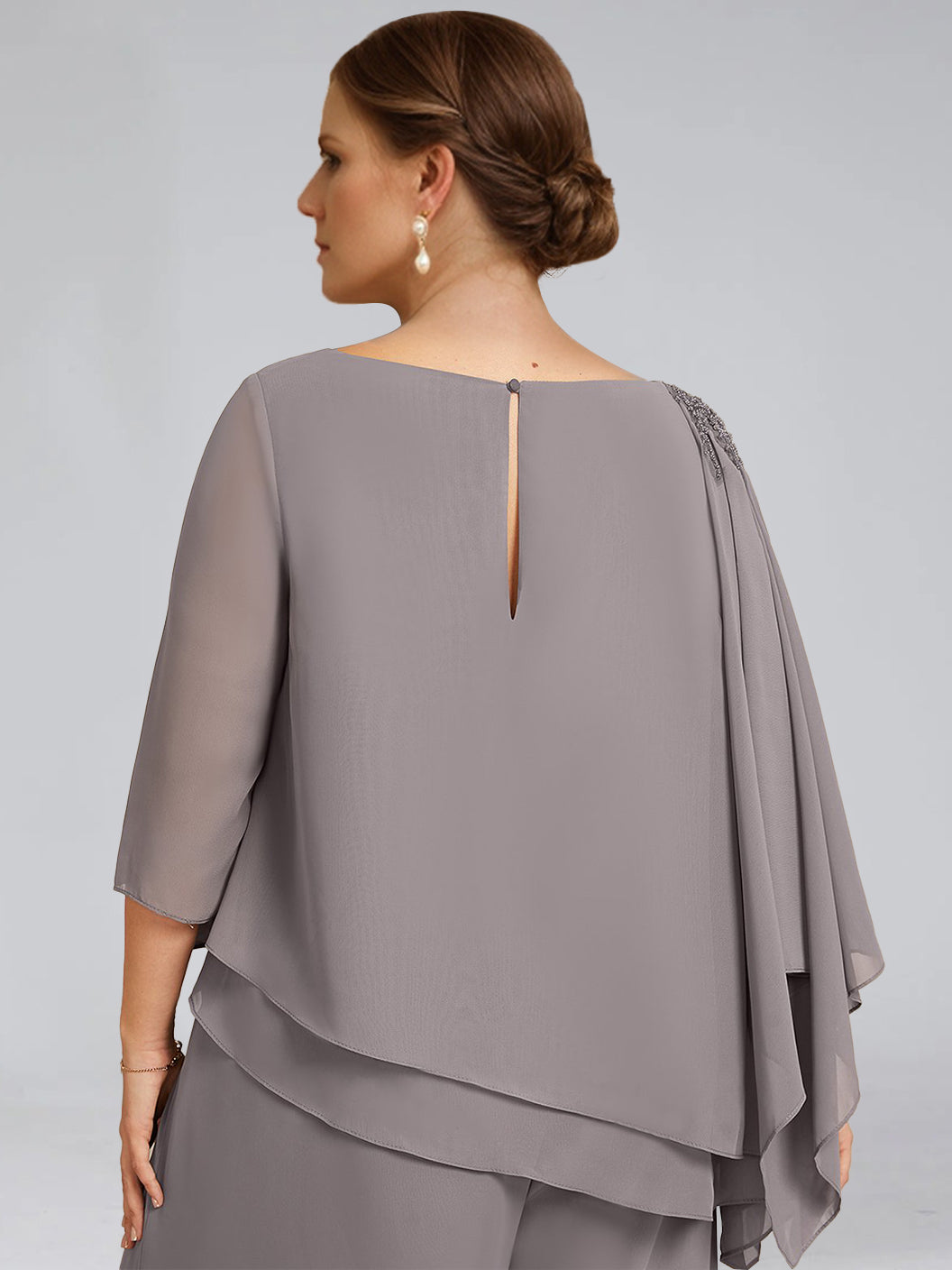 2-Piece Scoop Neck Chiffon Gown with 3/4 Sleeves and Beading for Plus-Size Mothers of the Bride-BMbridal