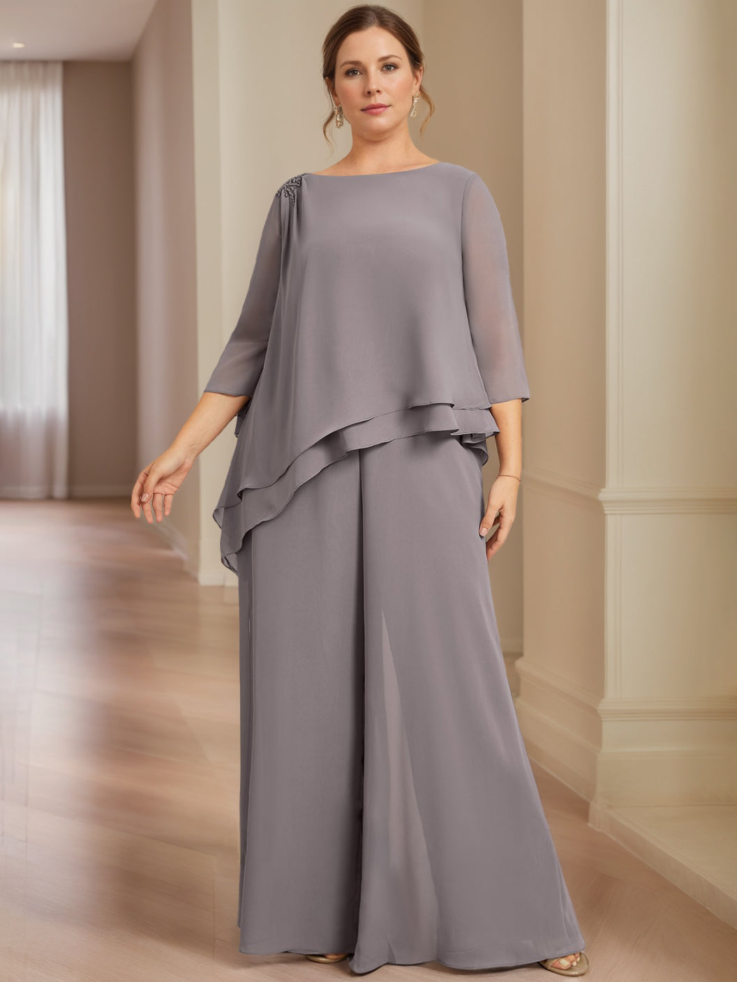 2-Piece Scoop Neck Chiffon Gown with 3/4 Sleeves and Beading for Plus-Size Mothers of the Bride-BMbridal
