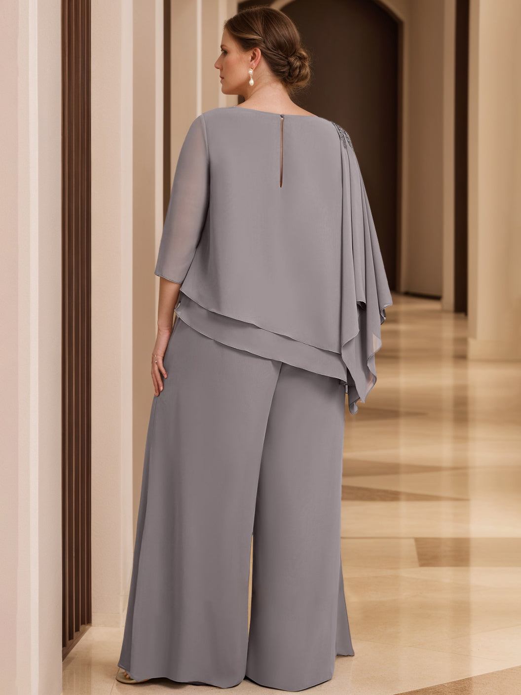 2-Piece Scoop Neck Chiffon Gown with 3/4 Sleeves and Beading for Plus-Size Mothers of the Bride-BMbridal