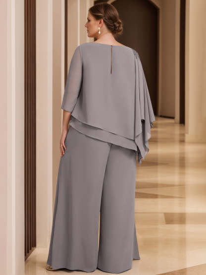 2-Piece Scoop Neck Chiffon Gown with 3/4 Sleeves and Beading for Plus-Size Mothers of the Bride-BMbridal