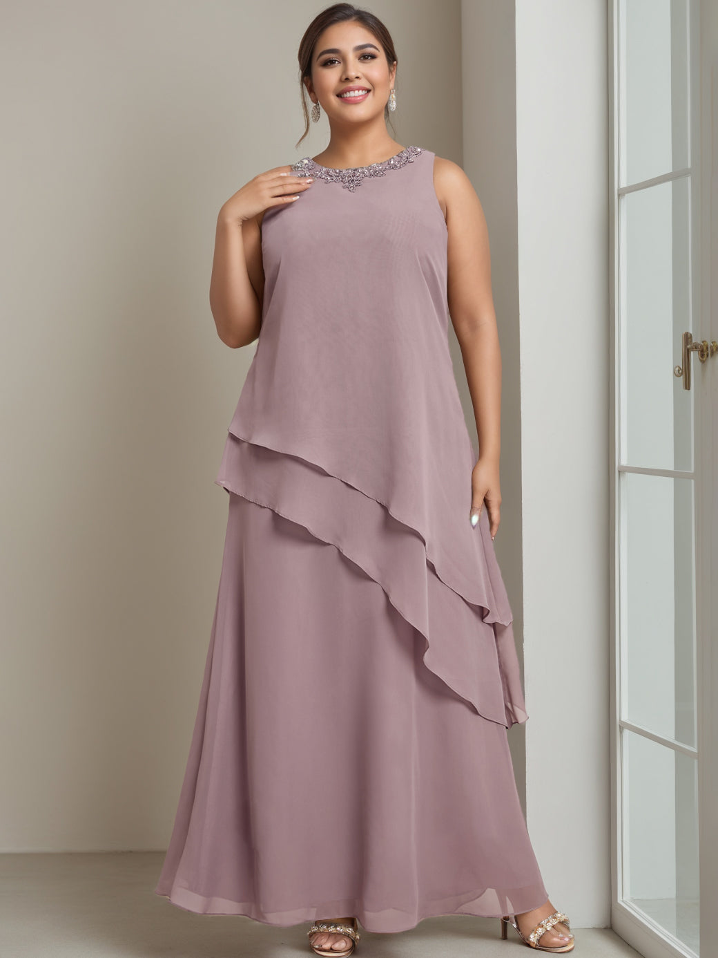 Plus Size Floor-Length Sleeveless A-Line Mother of the Bride Dress with Beading-BMbridal