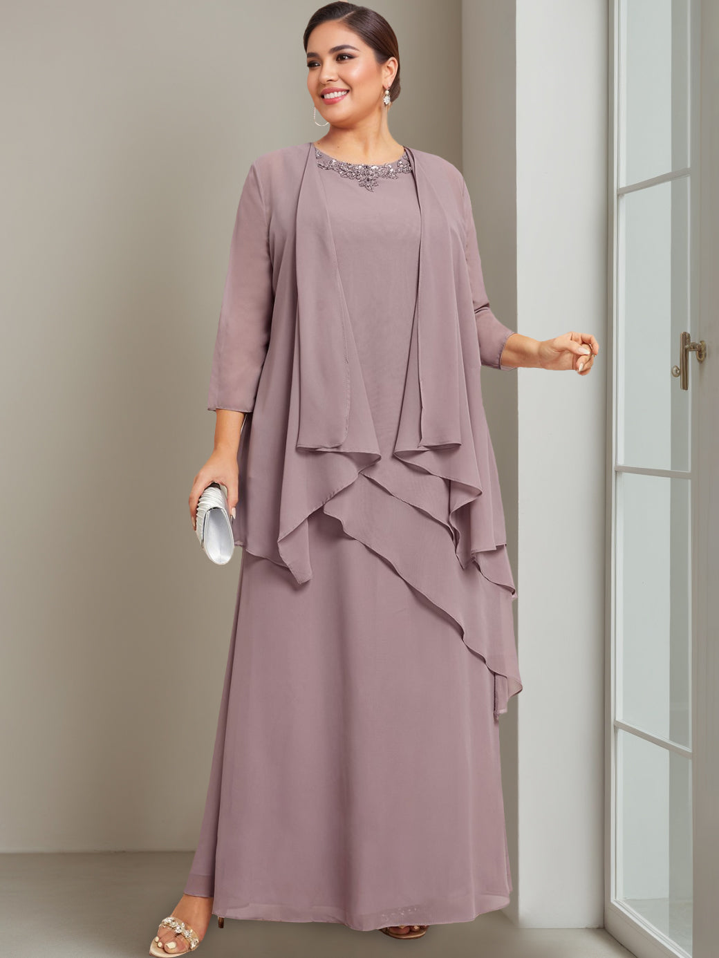 Plus Size Floor-Length Sleeveless A-Line Mother of the Bride Dress with Beading-BMbridal