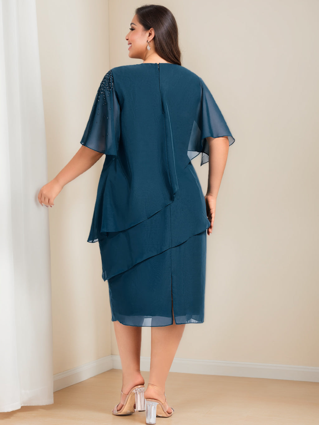 Plus Size Knee-Length Mother of the Bride Sheath/Column Dresses with Beading & Sequins-BMbridal