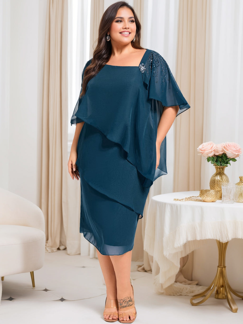 Plus Size Knee-Length Mother of the Bride Sheath/Column Dresses with Beading & Sequins-BMbridal