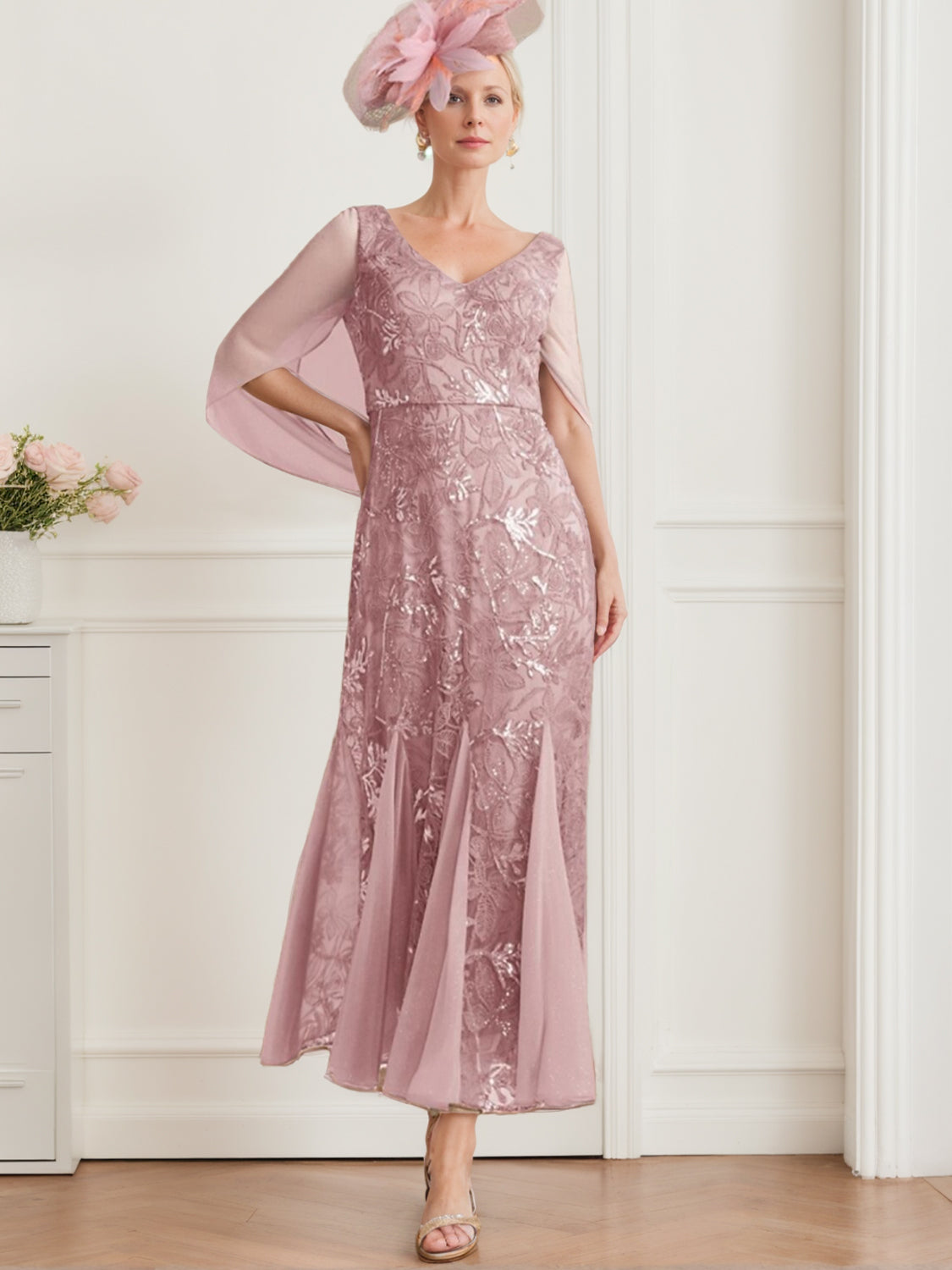 V-Neck A-Line Princess Ankle-Length Mother of the Bride Dress in Solid Color with Lace Half Sleeves-BMbridal