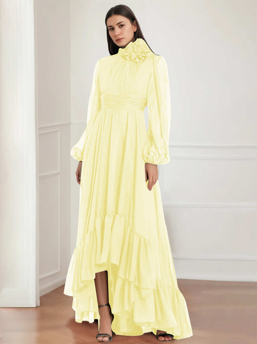 Asymmetrical A-Line Princess Jewel Neck Gown with Long Sleeves Ruffles & Floral Details-BMbridal