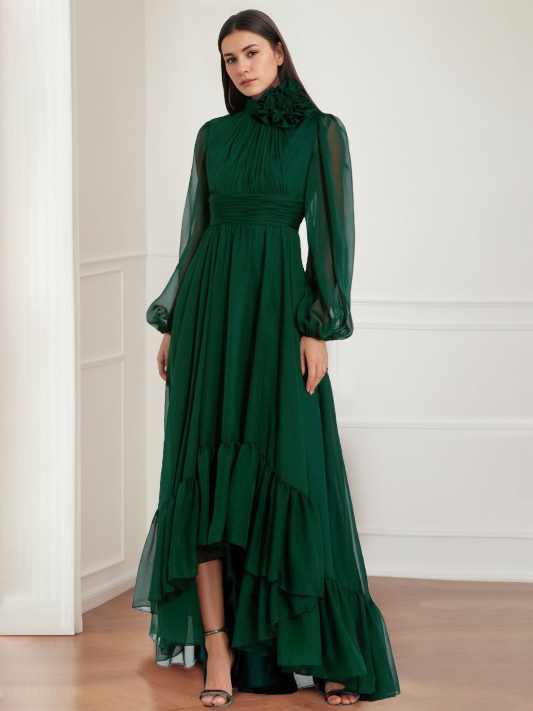 Asymmetrical A-Line Princess Jewel Neck Gown with Long Sleeves Ruffles & Floral Details-BMbridal