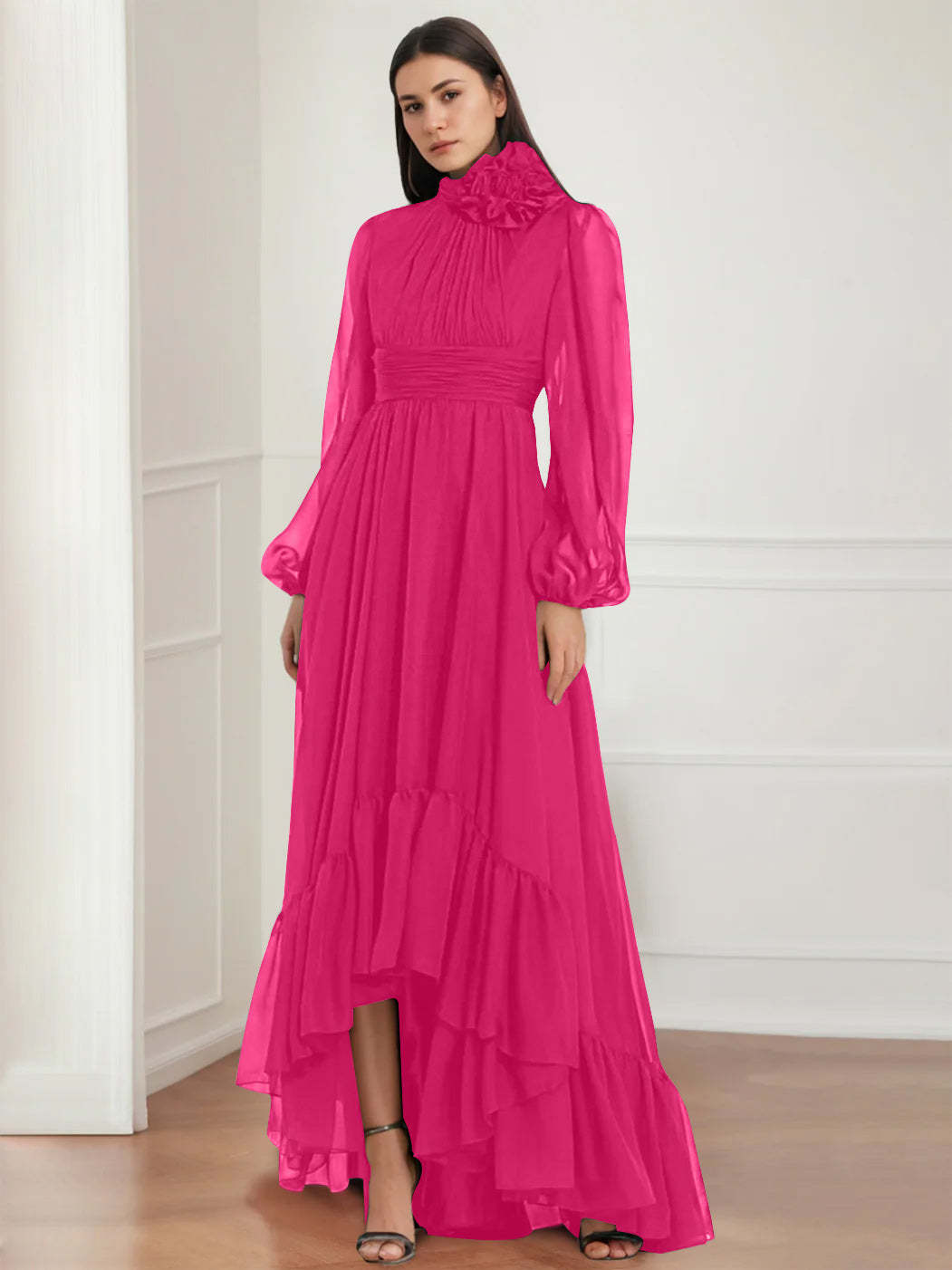 Asymmetrical A-Line Princess Jewel Neck Gown with Long Sleeves Ruffles & Floral Details-BMbridal