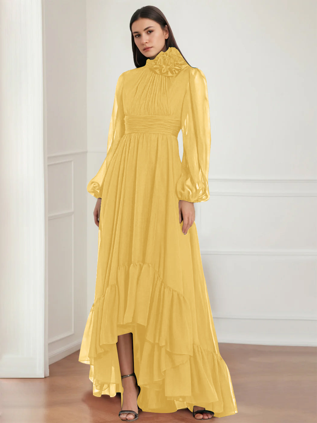 Asymmetrical A-Line Princess Jewel Neck Gown with Long Sleeves Ruffles & Floral Details-BMbridal