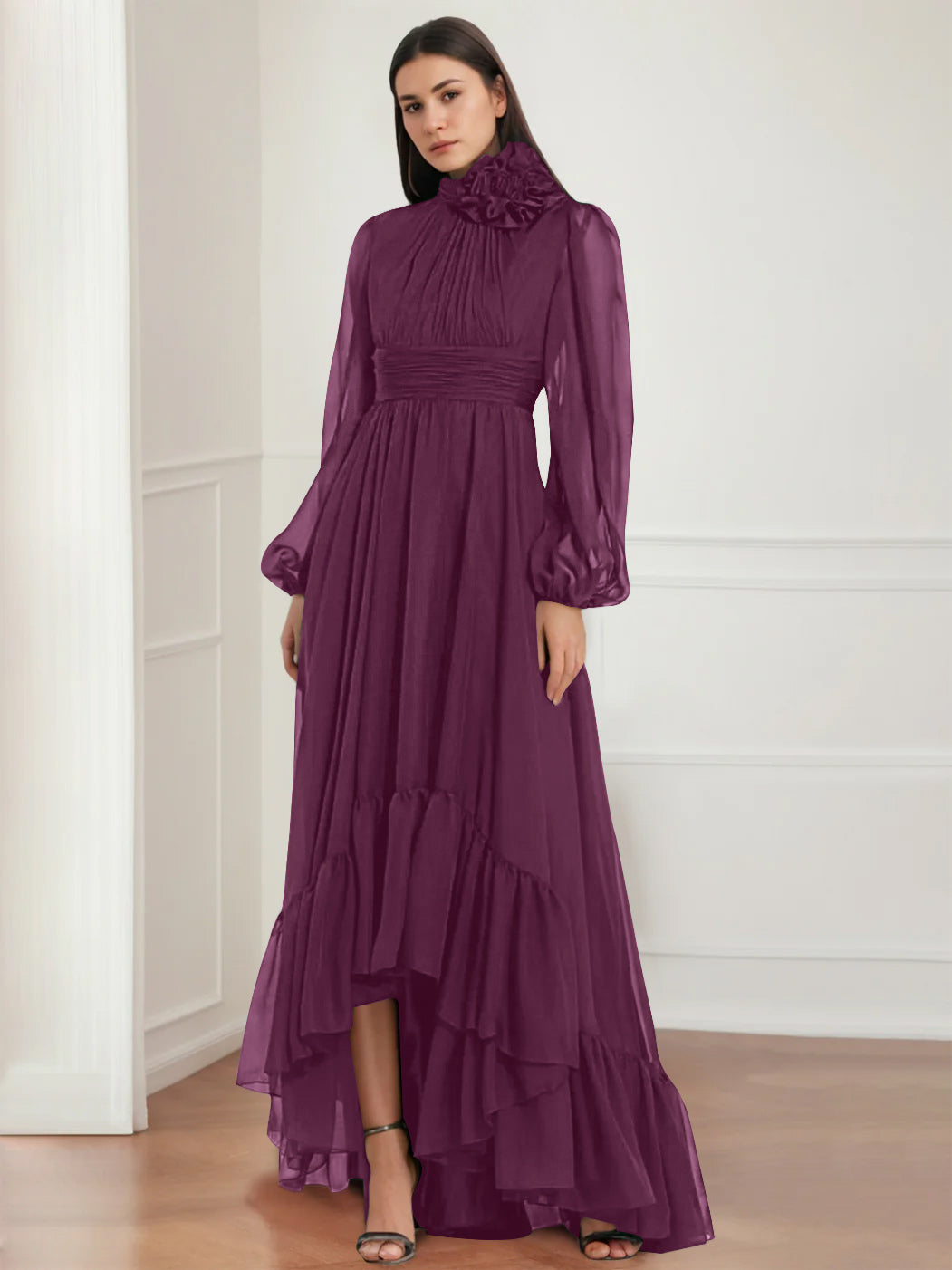 Asymmetrical A-Line Princess Jewel Neck Gown with Long Sleeves Ruffles & Floral Details-BMbridal