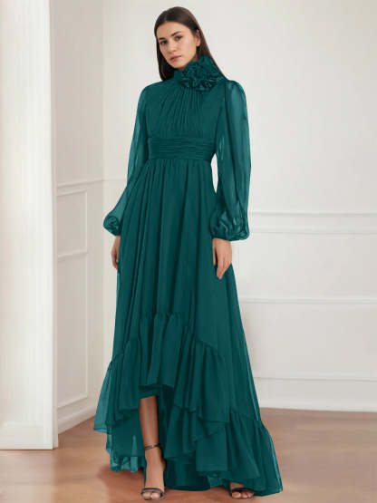 Asymmetrical A-Line Princess Jewel Neck Gown with Long Sleeves Ruffles & Floral Details-BMbridal