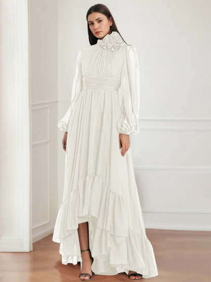 Asymmetrical A-Line Princess Jewel Neck Gown with Long Sleeves Ruffles & Floral Details-BMbridal