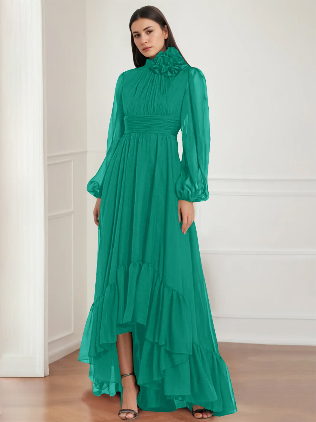 Asymmetrical A-Line Princess Jewel Neck Gown with Long Sleeves Ruffles & Floral Details-BMbridal