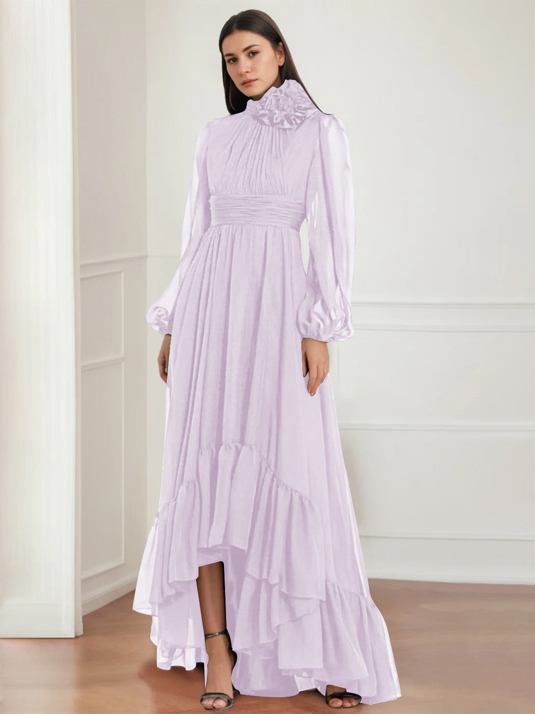 Asymmetrical A-Line Princess Jewel Neck Gown with Long Sleeves Ruffles & Floral Details-BMbridal