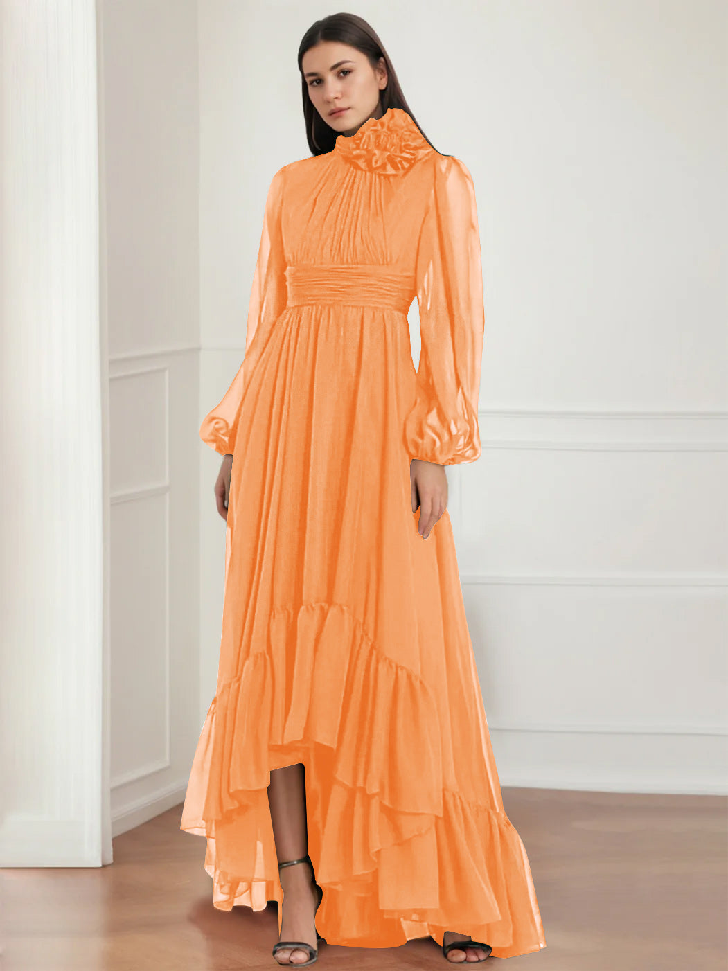 Asymmetrical A-Line Princess Jewel Neck Gown with Long Sleeves Ruffles & Floral Details-BMbridal