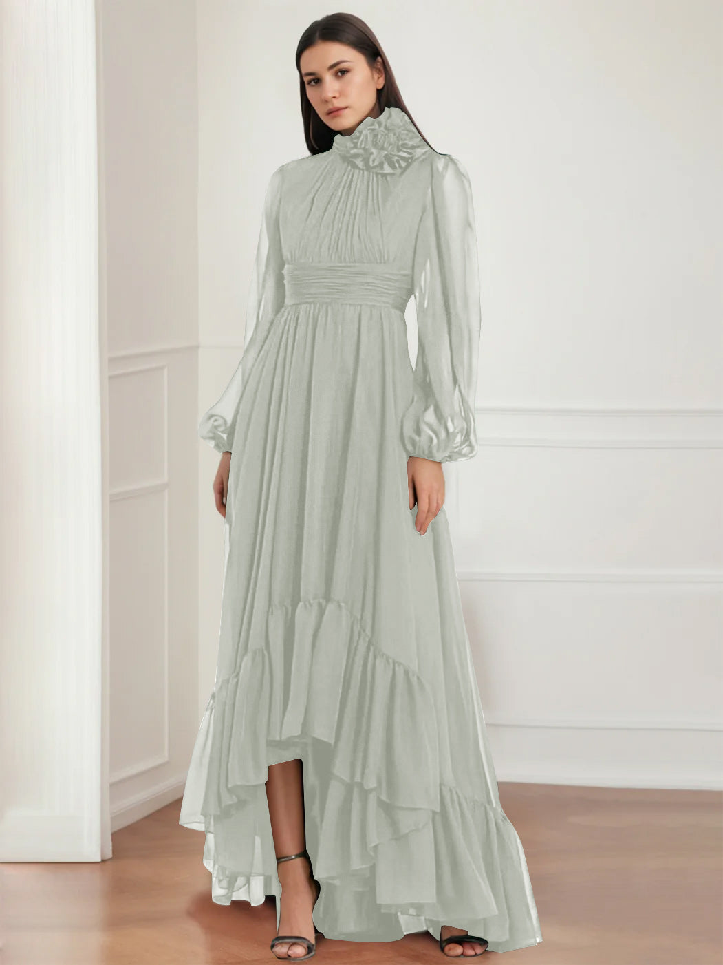 Asymmetrical A-Line Princess Jewel Neck Gown with Long Sleeves Ruffles & Floral Details-BMbridal