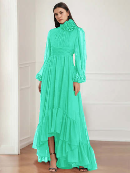 Asymmetrical A-Line Princess Jewel Neck Gown with Long Sleeves Ruffles & Floral Details-BMbridal