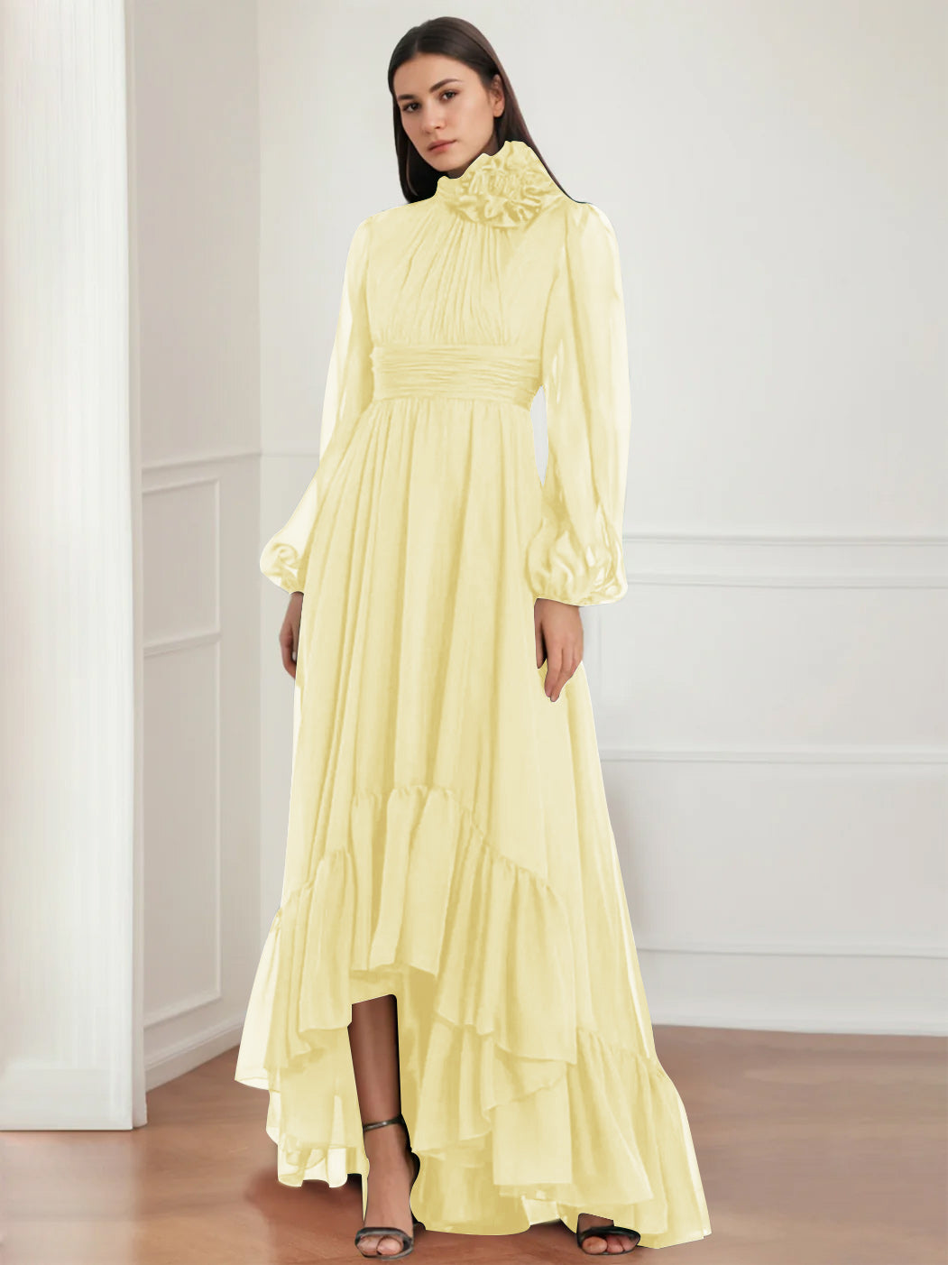 Asymmetrical A-Line Princess Jewel Neck Gown with Long Sleeves Ruffles & Floral Details-BMbridal