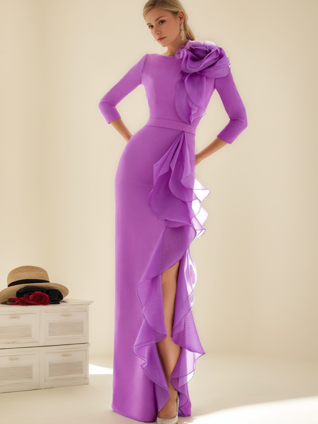 Long Mother of the Bride Dress with Ruffles 3/4 Sleeves and Floor-Length Sheath/Column Jewel Neck-BMbridal