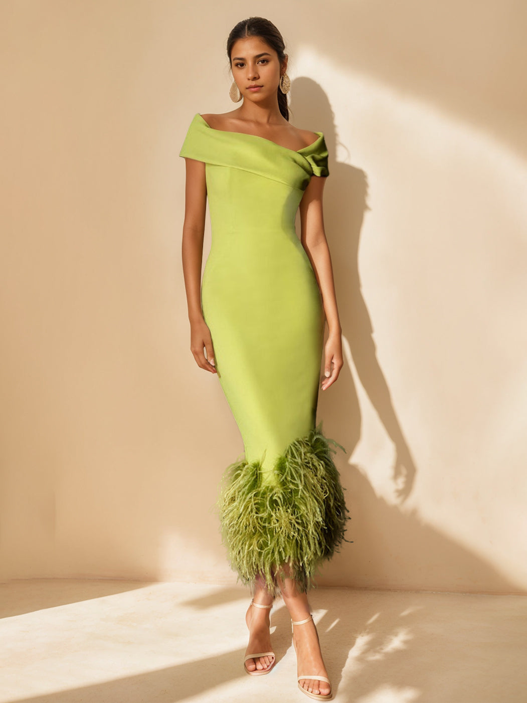 Unique Off-the-Shoulder Tea-Length Mother of the Bride Dress with Short Sleeves and Feathers-BMbridal