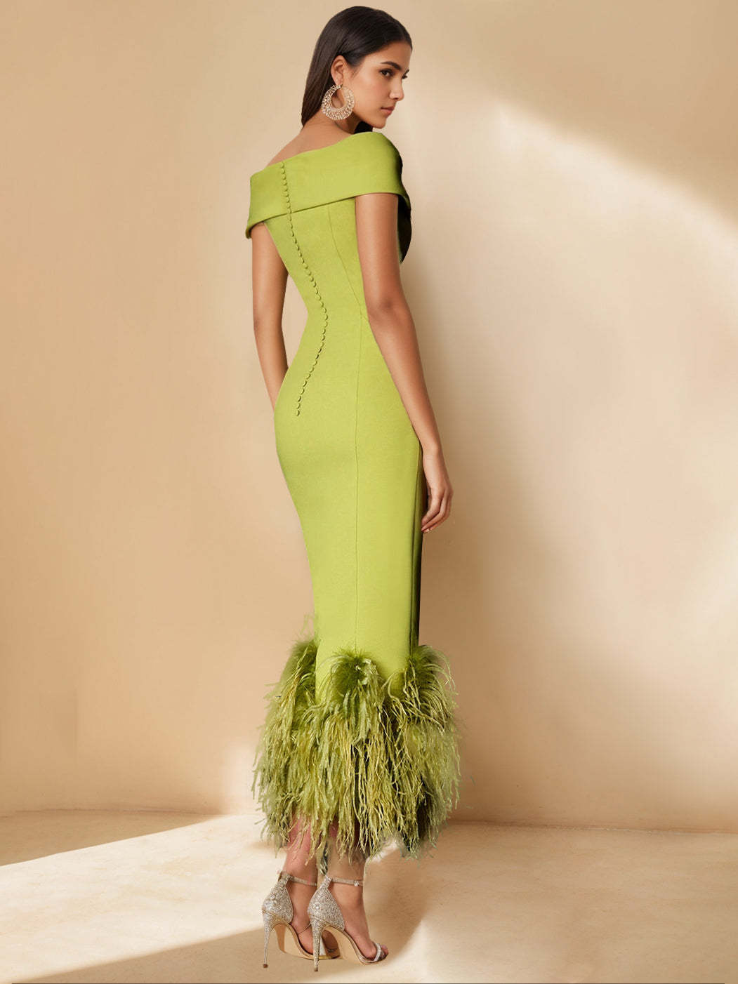 Unique Off-the-Shoulder Tea-Length Mother of the Bride Dress with Short Sleeves and Feathers-BMbridal