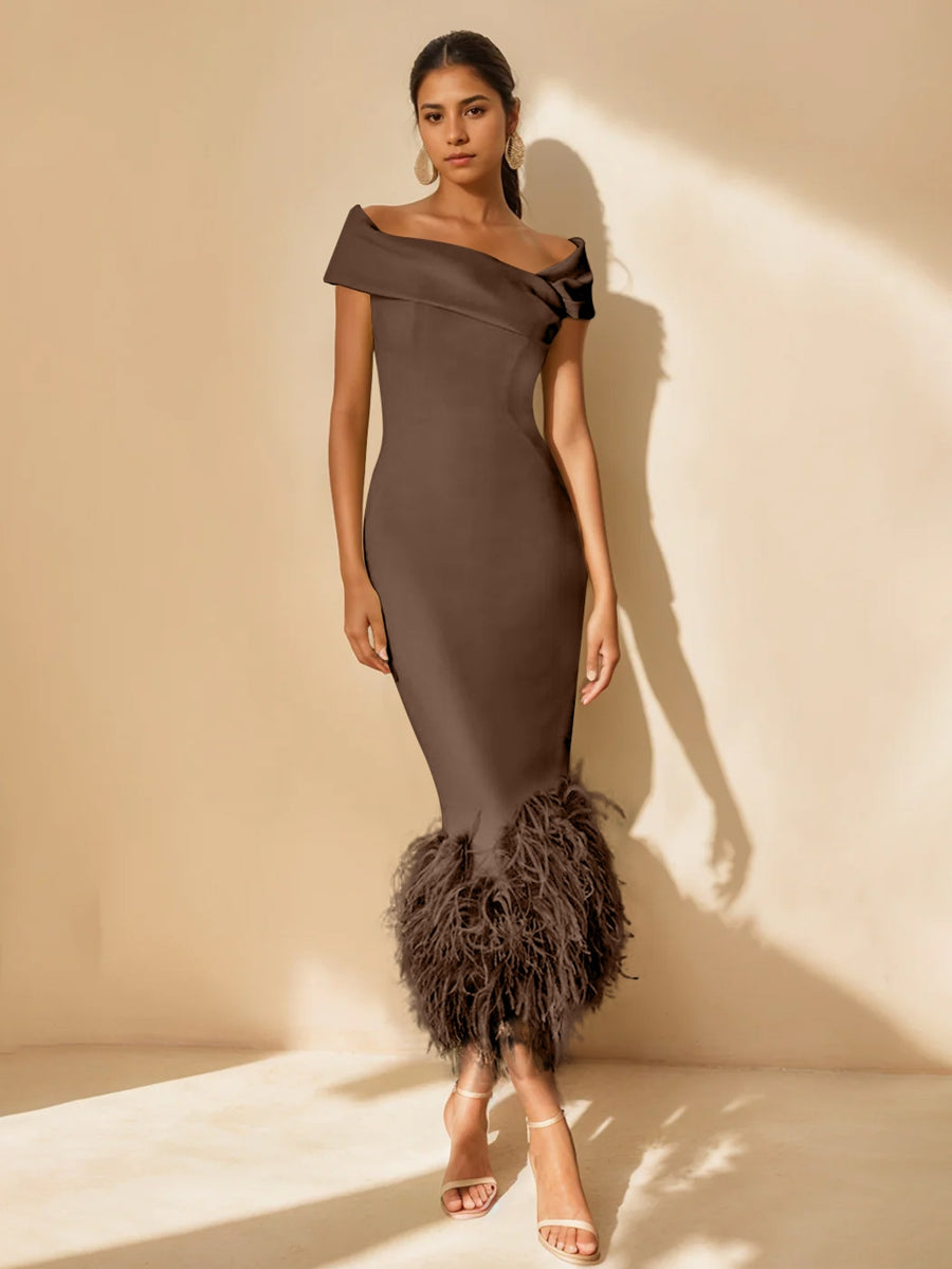 Unique Off-the-Shoulder Tea-Length Mother of the Bride Dress with Short Sleeves and Feathers-BMbridal